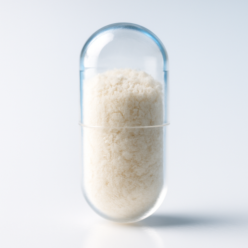 Vegetarian capsule with fine powder visible inside the clear shell