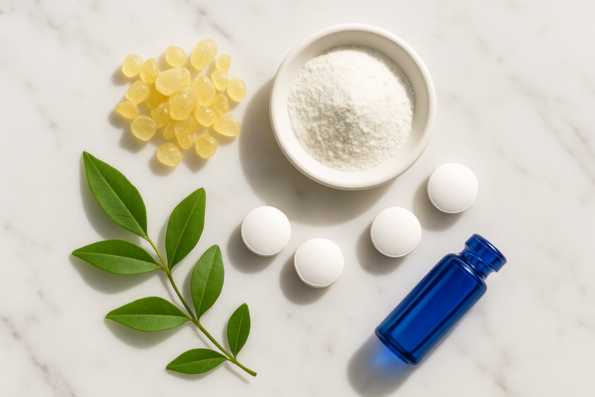 Mastic resin tears, mineral tablets, white powder, and botanical leaves — the raw ingredients