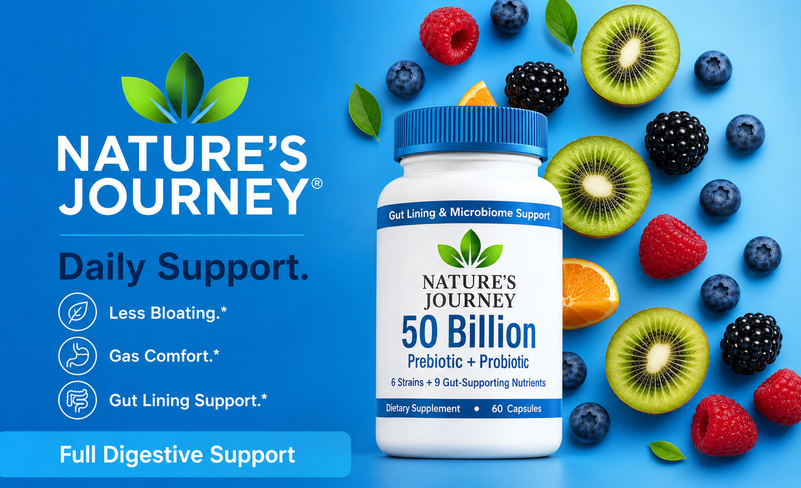 Nature's Journey daily digestive support — less bloating, gas comfort, gut lining support