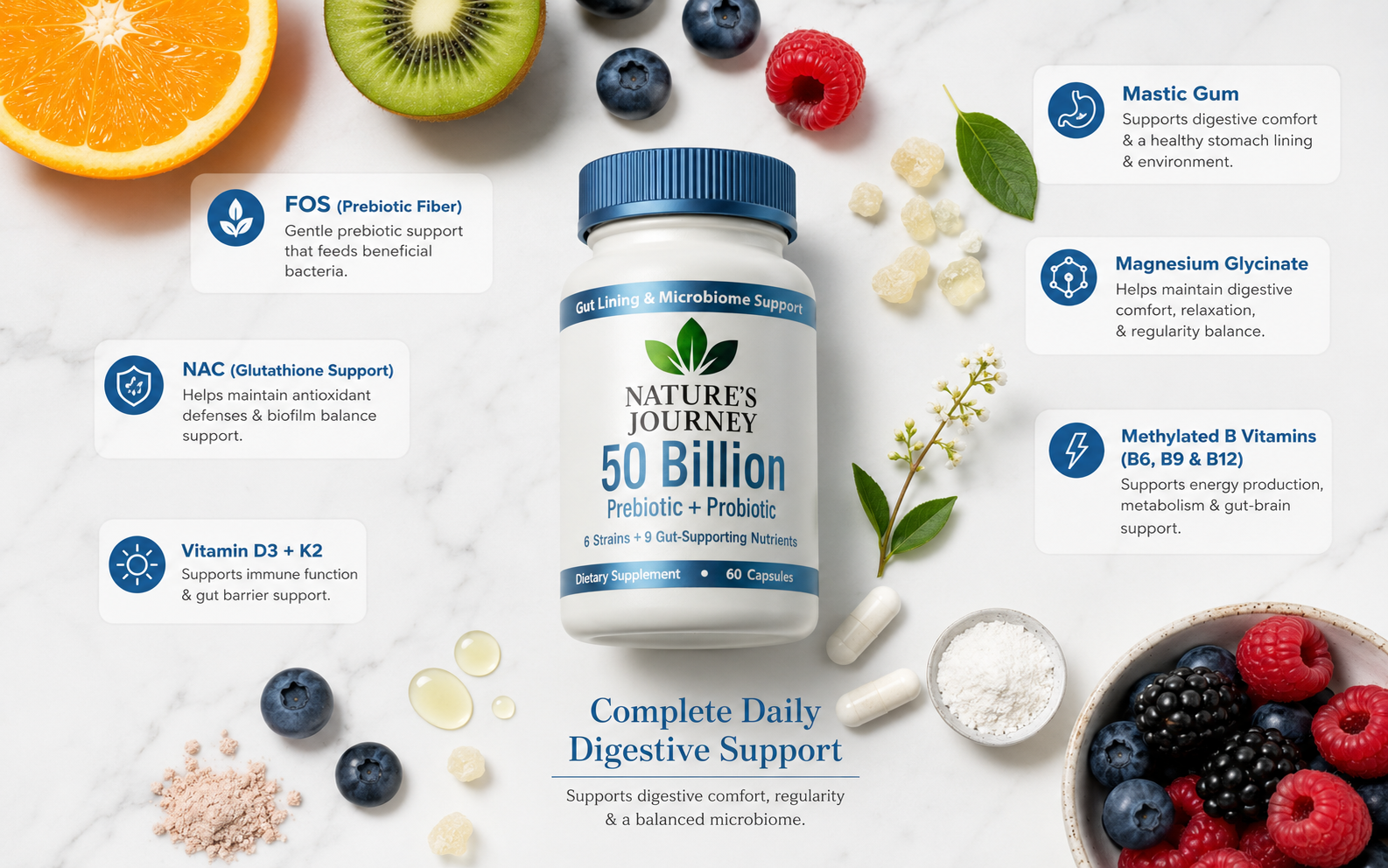 Complete daily digestive support — FOS, NAC, vitamin D3+K2, mastic gum, magnesium glycinate, methylated B vitamins