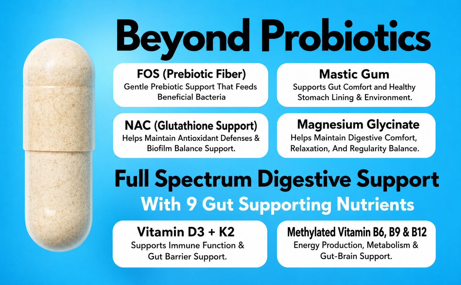 Beyond Probiotics — full spectrum digestive support with 9 gut-supporting nutrients